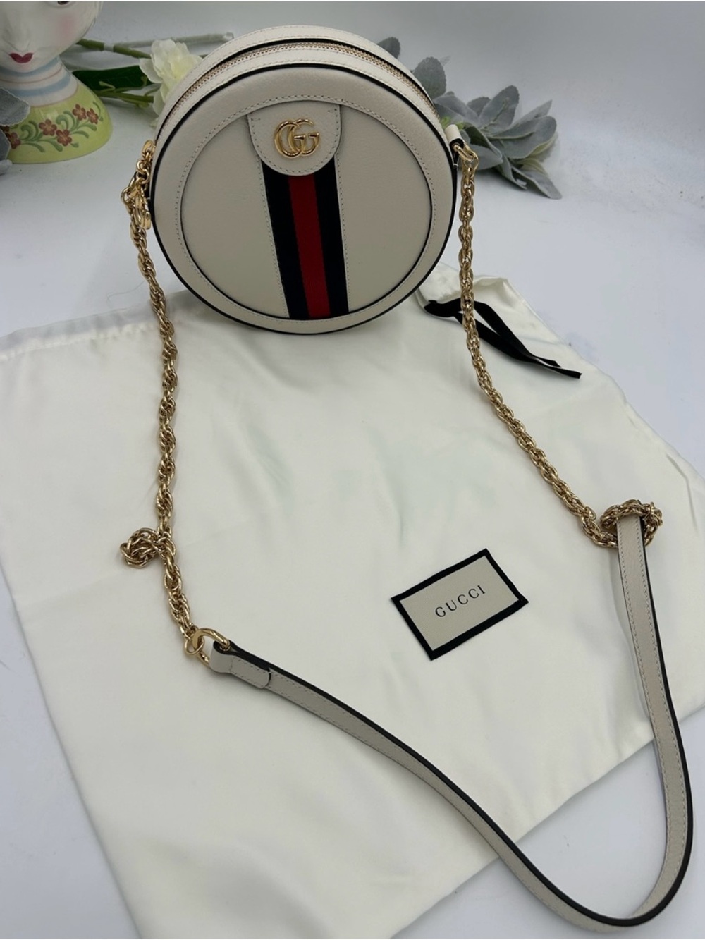 Women’s Gucci mini round calf skin Leather web stripe shoulder bag made in Italy